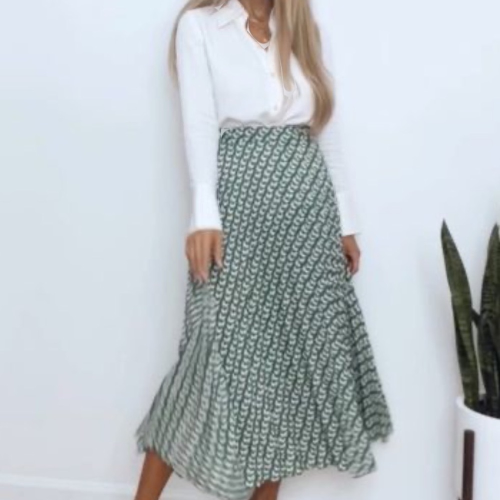 New Zara Printed Geometric Pleated High-Waist Midi Skirt